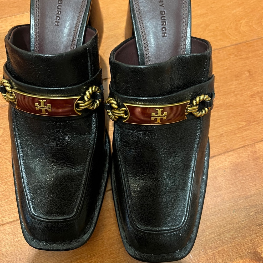 Tory Burch Black Leather Loafers with Gold and Brown Accents